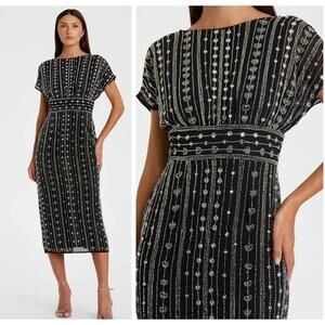 Mac Duggal 93649 Black Size 8 Beaded Empire Waist Midi Dress Cap Sleeves NWOT